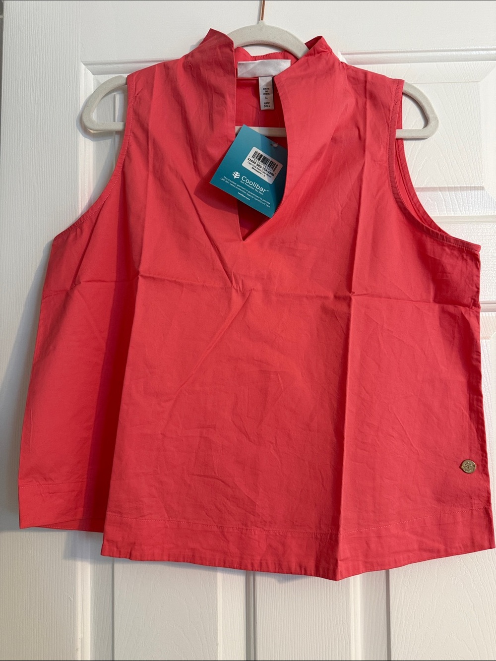 Coolibar Women’s Cape Coral Stand Collar Blouse V-Neck in Sunkist Coral Pink